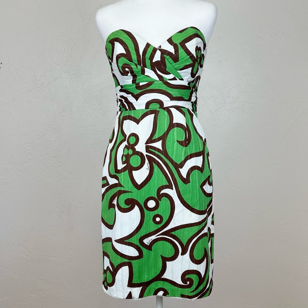 Milly Strapless Sweetheart Neckline Green & White Print Cotton Dress Size 2